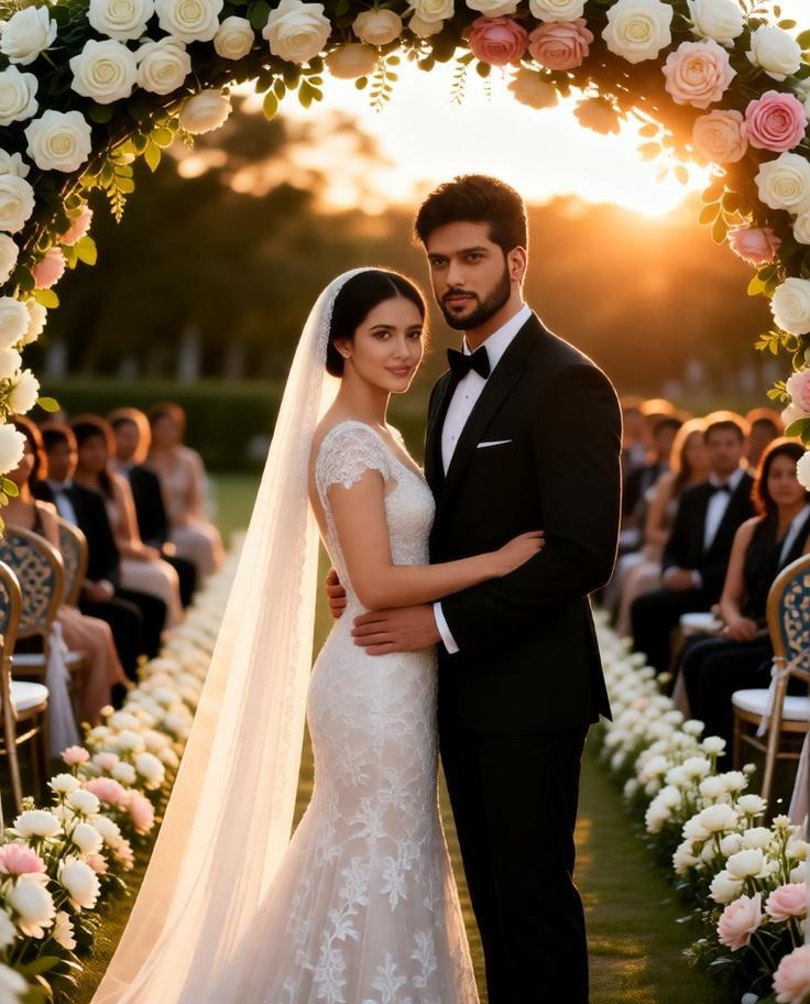 Elegant outdoor wedding ceremony, bride and groom standing under a floral arch of white roses and pe