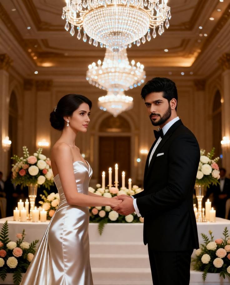 Luxury indoor wedding ceremony in grand ballroom, crystal chandeliers glowing above decorated altar 