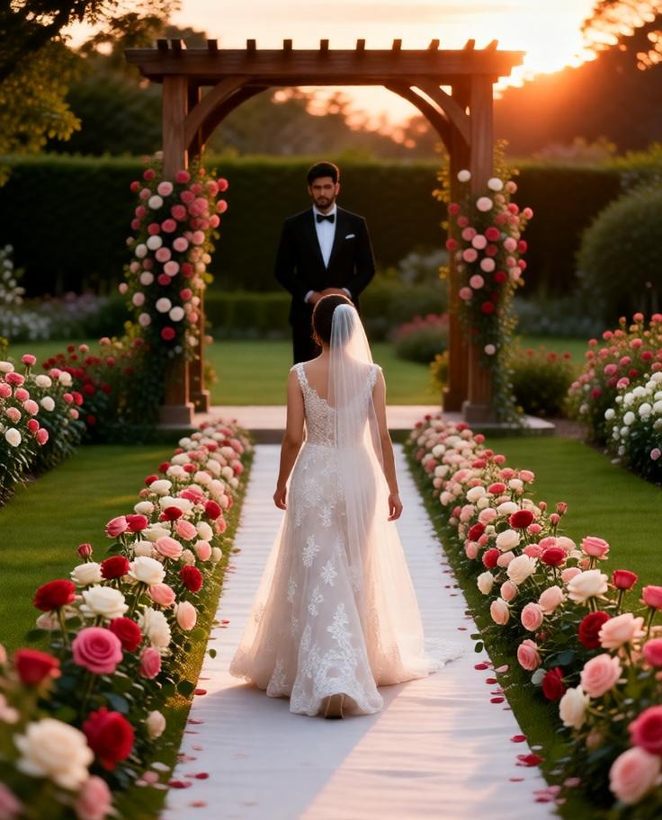 Romantic garden wedding ceremony surrounded by blooming roses and greenery, bride walking down long 