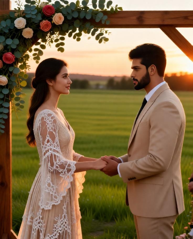 Countryside outdoor wedding ceremony in an open green field, wooden floral arch decorated with eucal