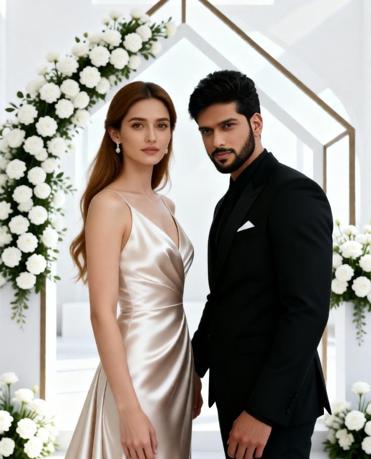 Modern minimalist wedding ceremony at stylish white venue, geometric wedding arch with white flowers