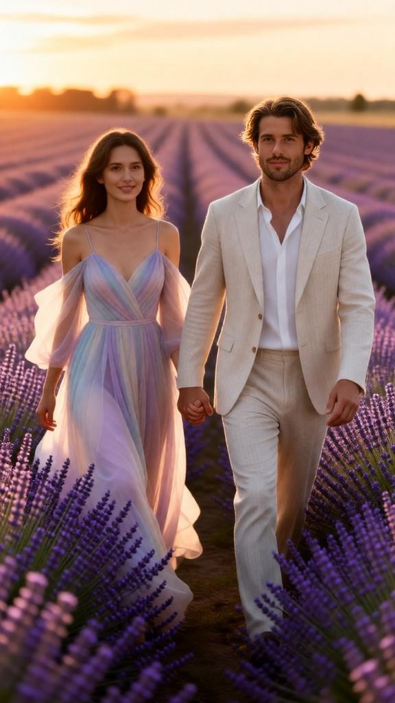 Romantic pre-wedding photoshoot in lavender field, couple walking together through purple flowers ho