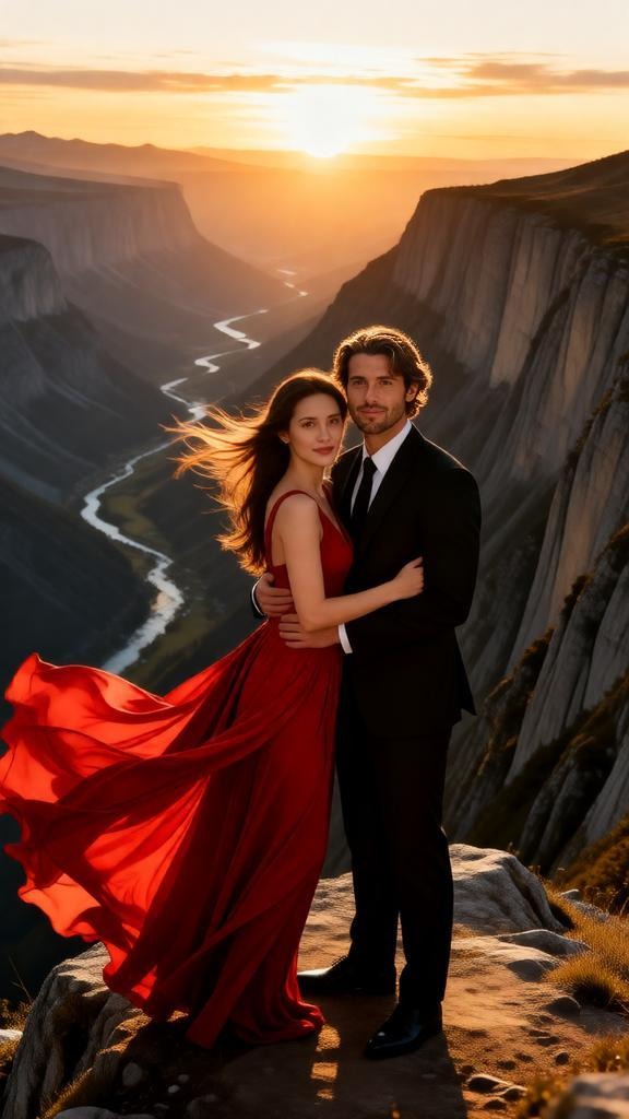 Pre-wedding photoshoot on a mountain cliff overlooking a dramatic valley landscape, the couple stand