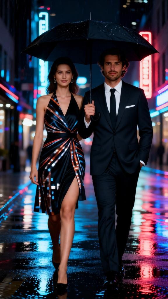Urban pre-wedding photoshoot on a city street at night, neon lights reflecting on wet pavement, a co