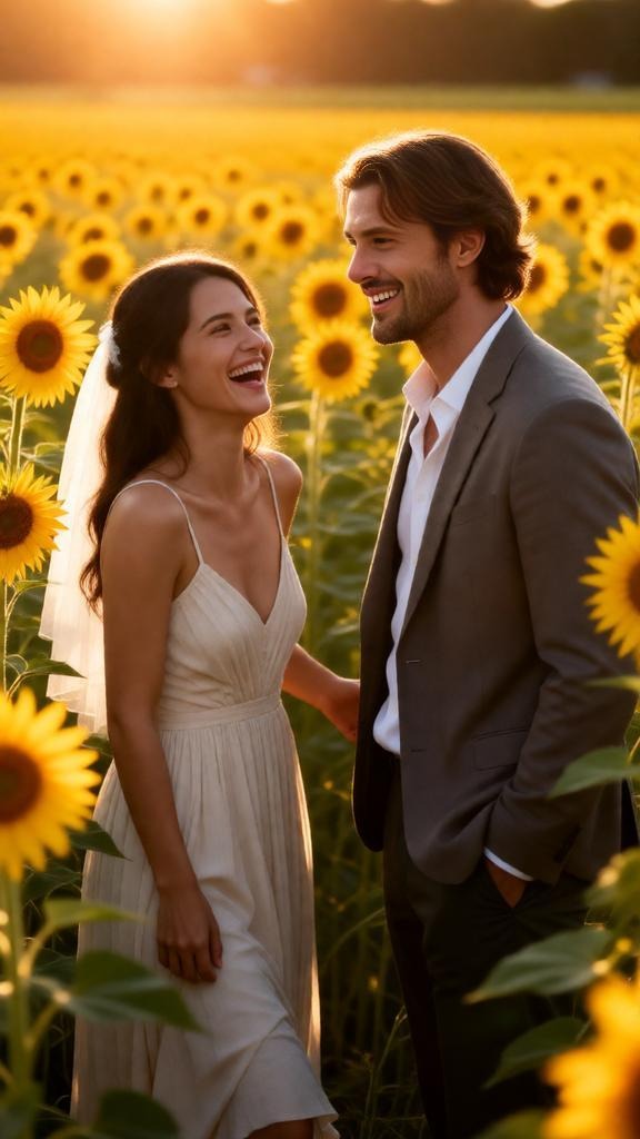 Pre-wedding photoshoot in a sunflower field during golden hour, couple laughing together among tall 