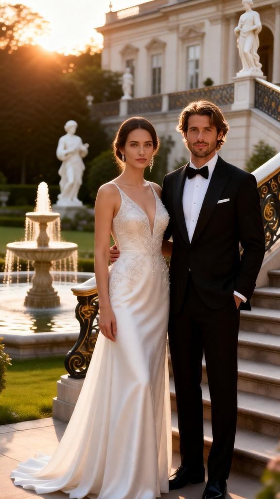Luxury pre-wedding photoshoot in palace garden with fountains and marble statues, couple standing ne