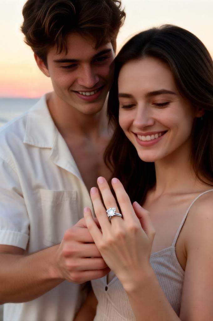 Romantic engagement ring moment, couple standing close together, woman gently showing diamond ring o