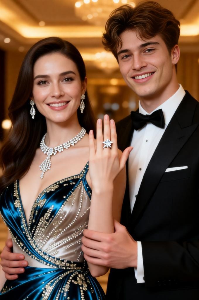 Luxury engagement ring portrait, couple dressed in elegant evening outfits, woman raising hand with 