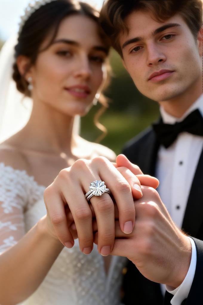 Engagement ring macro photography on the bride’s hand, sparkling diamond ring reflecting sunlight, s