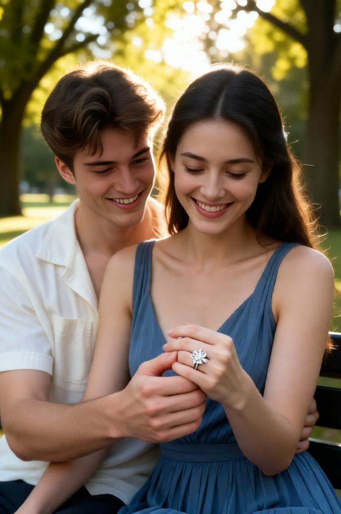 Couple sitting together on a park bench, man gently holding woman’s hand while she displays a diamon