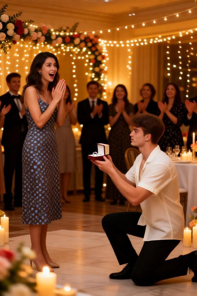 Romantic engagement party proposal indoors, man kneeling and holding ring box wh — Google Gemini AI Prompt