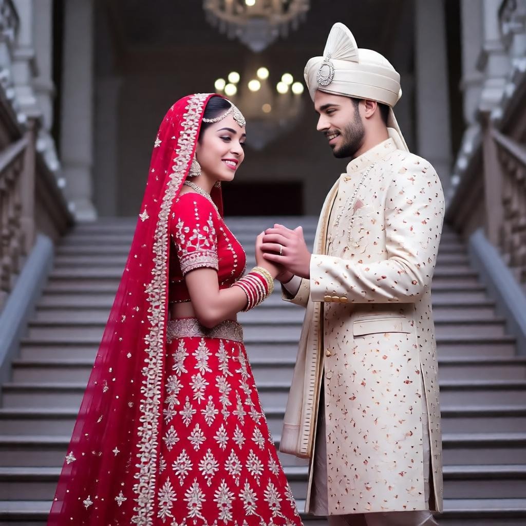 Royal Indian wedding couple standing on grand palace staircase, bride in detailed red lehenga with l
