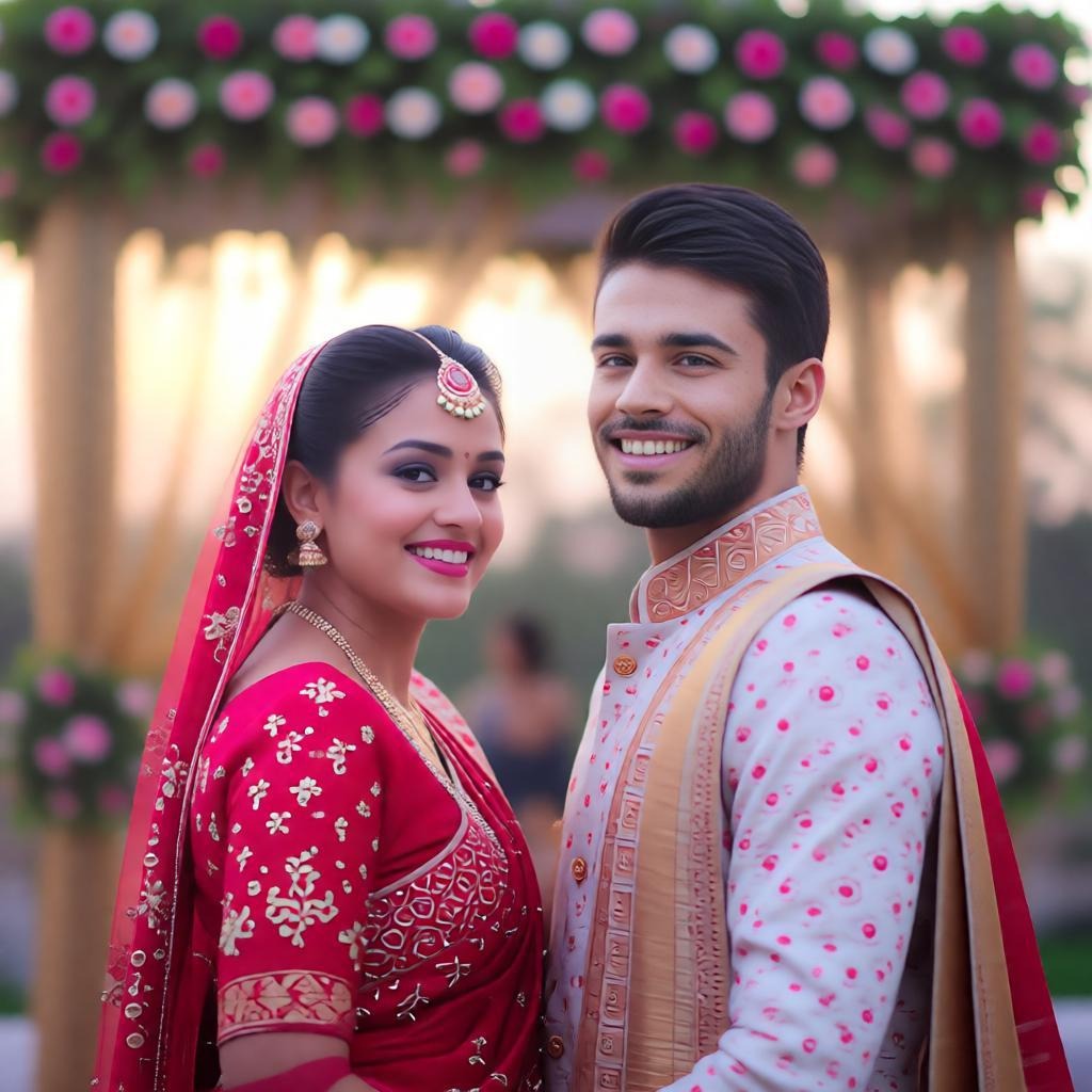 Indian bride portrait with detailed bridal makeup, heavy gold jewelry, intricate mehndi on hands, re