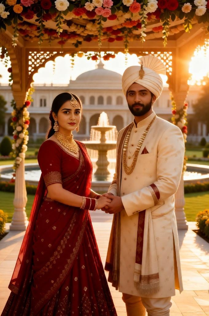 Royal Indian wedding couple standing under a floral mandap in palace garden, bride wearing red lehen