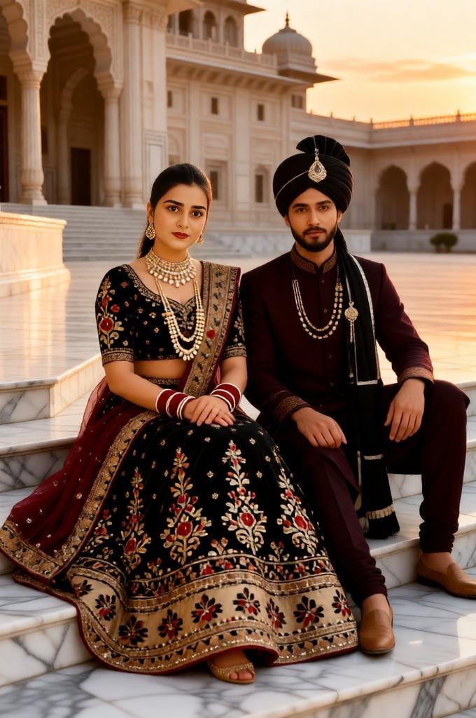 Royal Indian wedding couple sitting together on palace marble steps, bride weari — Google Gemini AI Prompt