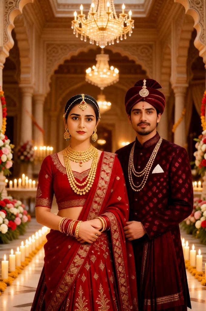 Royal Indian palace wedding ceremony with grand architecture and floral decorati — Google Gemini AI Prompt