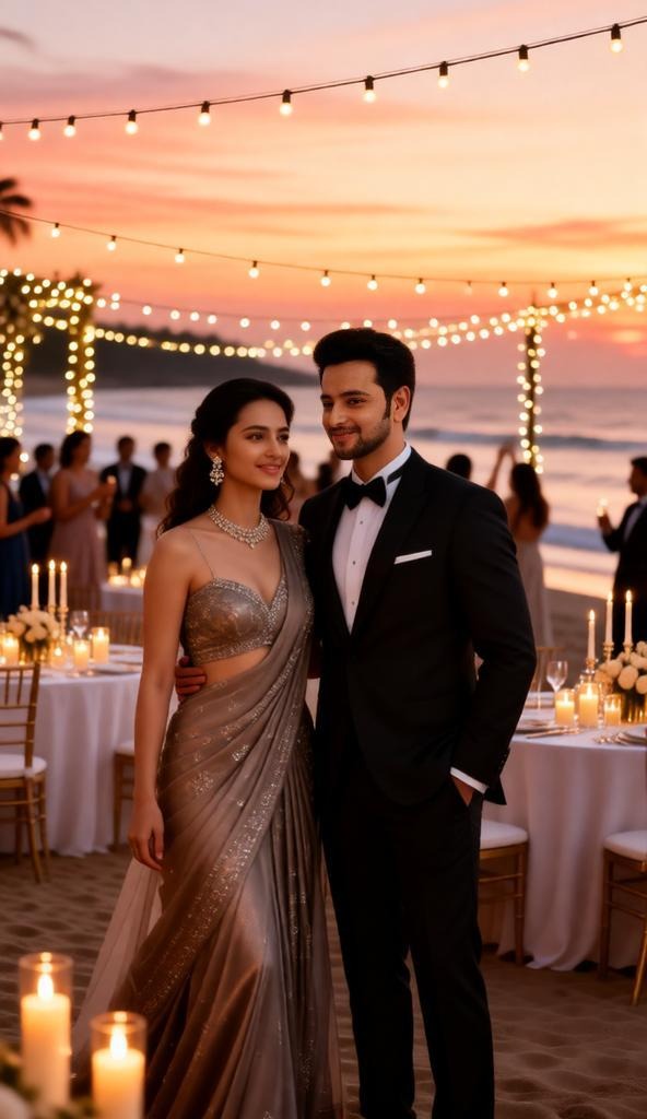 Luxury beach wedding reception with decorated tables, candles, and fairy lights along the shoreline,