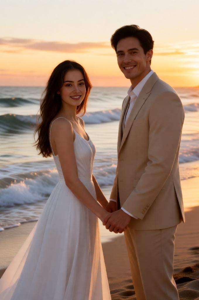 Beach wedding couple holding hands near shoreline, both faces clearly visible smiling toward camera,