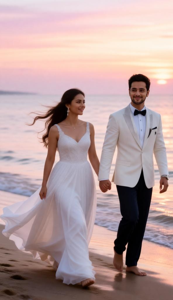 Bride and groom walking together along beach shoreline after ceremony, bride’s dress flowing in ocea