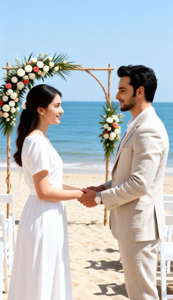 Minimalist beach elopement wedding with the couple exchanging vows beside the ocean, simple floral a
