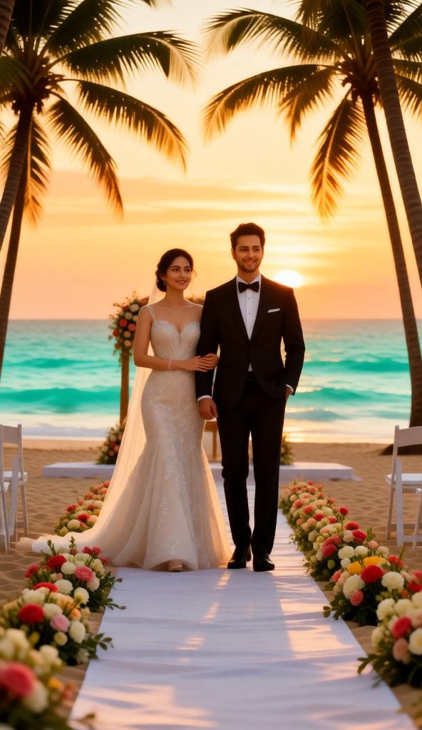 Destination beach wedding ceremony with palm trees and turquoise ocean background, flower-decorated 