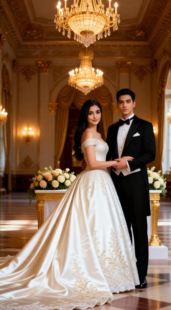 Luxury royal wedding ceremony inside historic palace hall with chandeliers and golden decorations, b