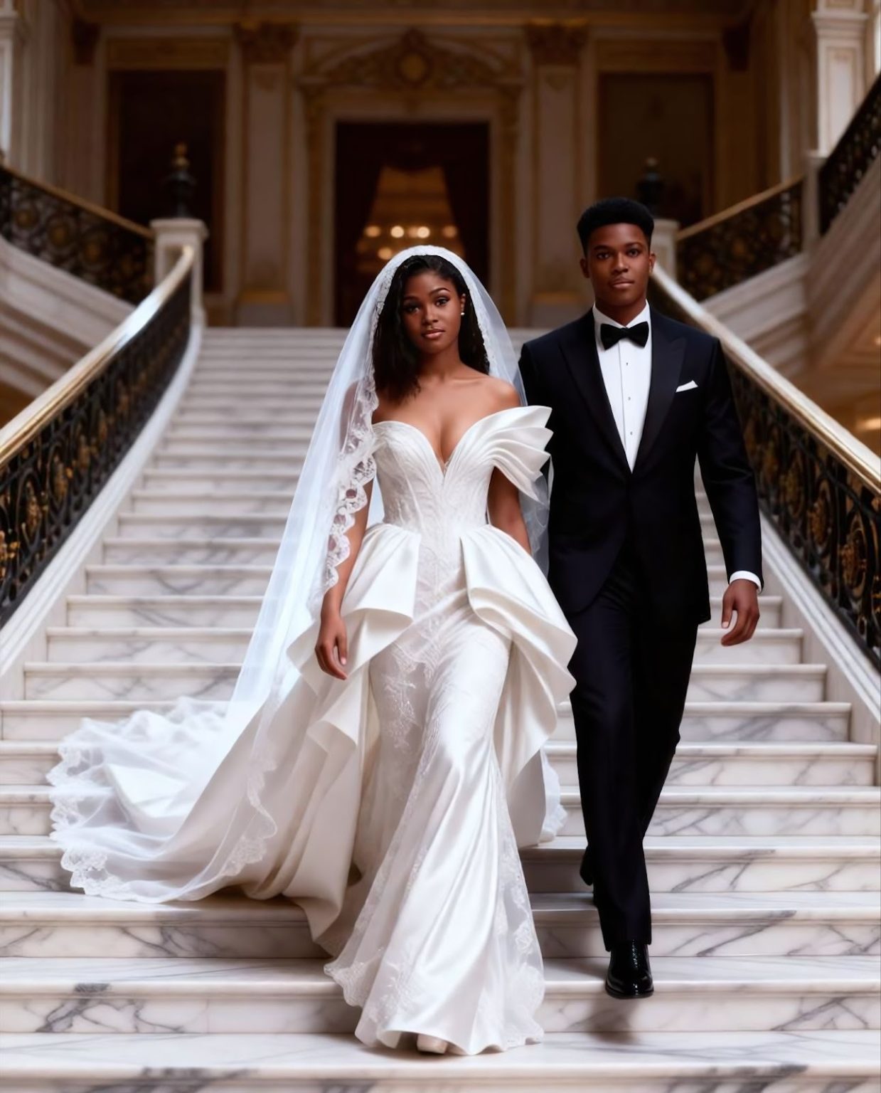 Bride and groom walking down the grand marble staircase inside the palace venue, bride wearing a dra
