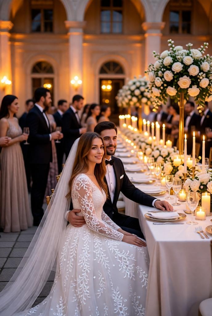 Royal palace courtyard wedding reception with long decorated dining tables, cand — Google Gemini AI Prompt