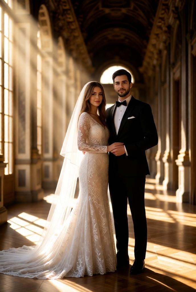 Bride and groom portrait inside a palace corridor with tall windows casting dramatic light beams. Th