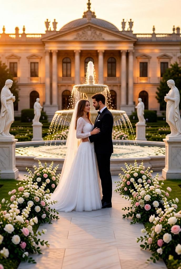 Outdoor palace garden wedding ceremony with fountains and marble statues, floral aisle leading to al