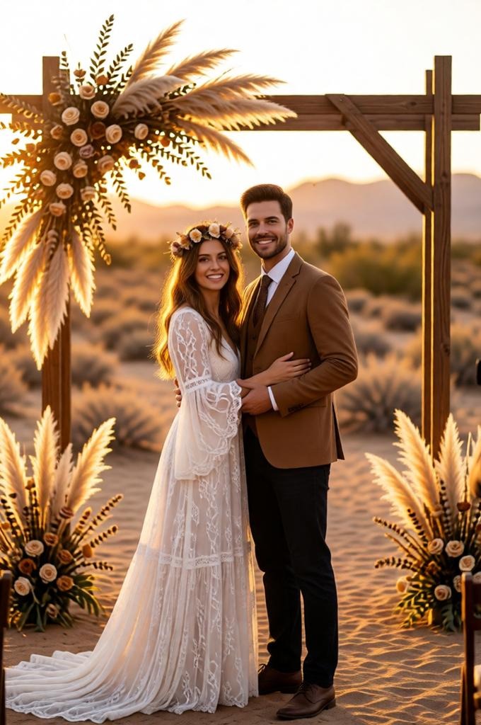 Bohemian outdoor wedding ceremony in desert landscape, wooden arch decorated wit — Google Gemini AI Prompt