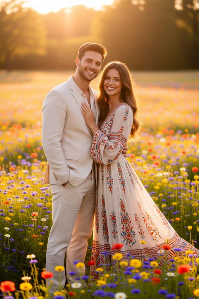Boho wedding couple portrait in wildflower meadow during golden hour, bride wearing flowing bohemian