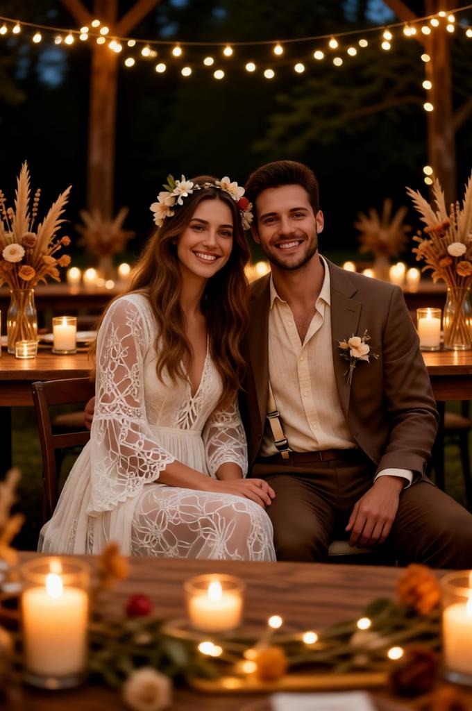 Bohemian wedding reception with wooden tables, candles, fairy lights, and dried flower decorations. 