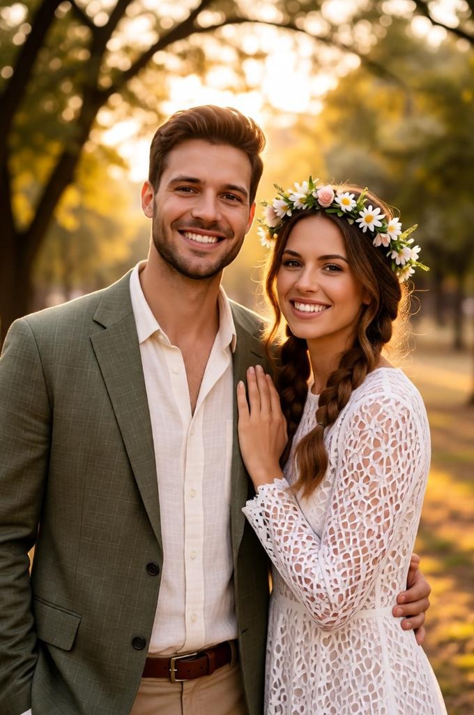 Boho bride and groom portrait under trees with soft natural sunlight filtering through. The bride we