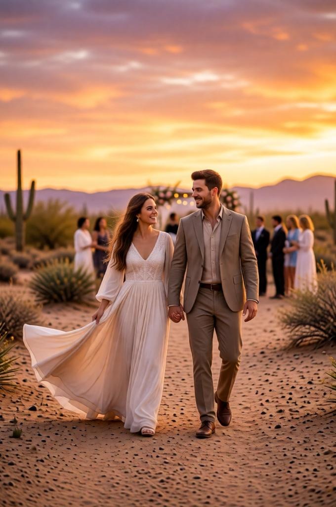 Bohemian couple walking through desert landscape after ceremony, bride’s dress flowing in the wind, 