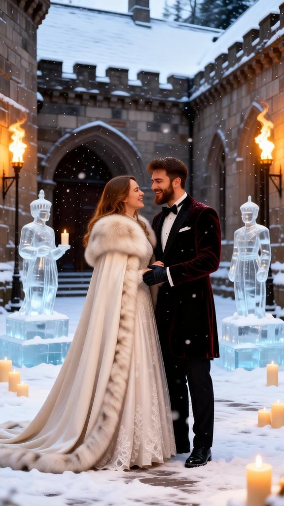 Winter wedding ceremony in a snow-covered medieval castle courtyard. Ice sculptu — Google Gemini AI Prompt