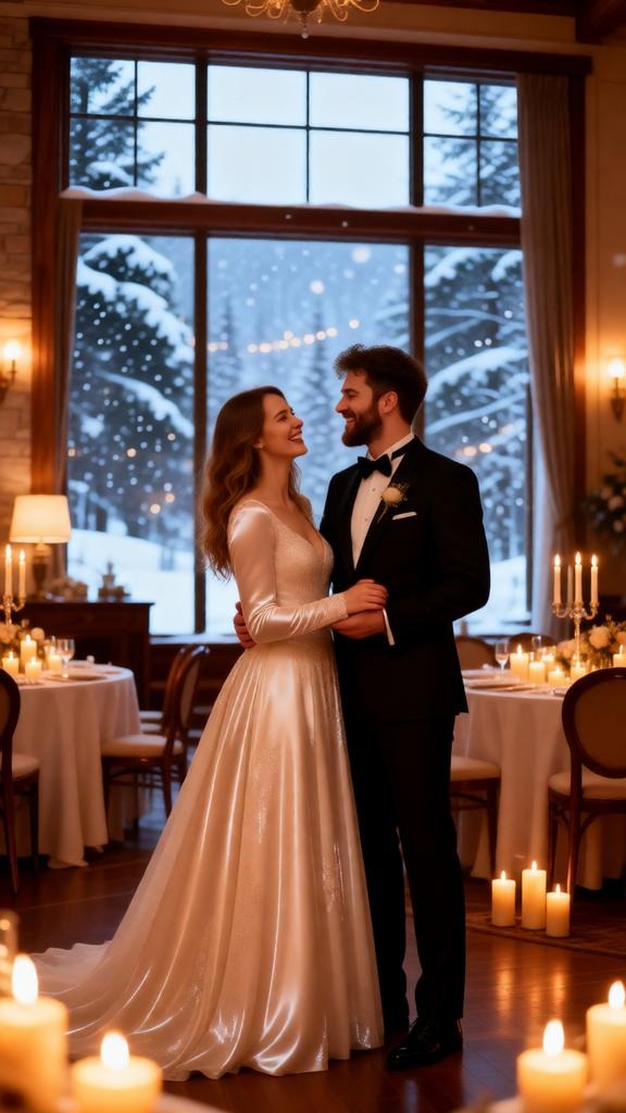 Luxury winter wedding reception indoors with candles and warm lights, snow visible through large win