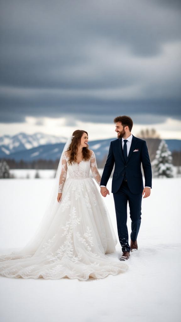 Bride and groom walking together through a snowy landscape after the ceremony, bride’s dress trailin