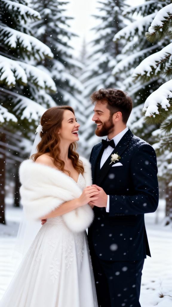Winter wedding couple portrait beneath snow-covered pine trees, bride wearing an — Google Gemini AI Prompt