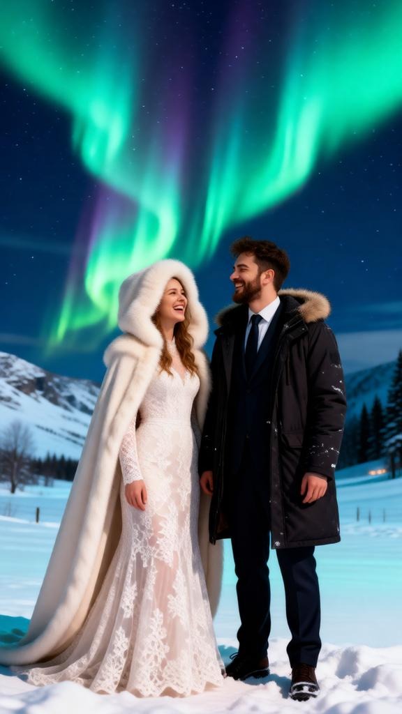 Bride and groom standing in a snowy landscape under glowing northern lights. The bride wears a long-