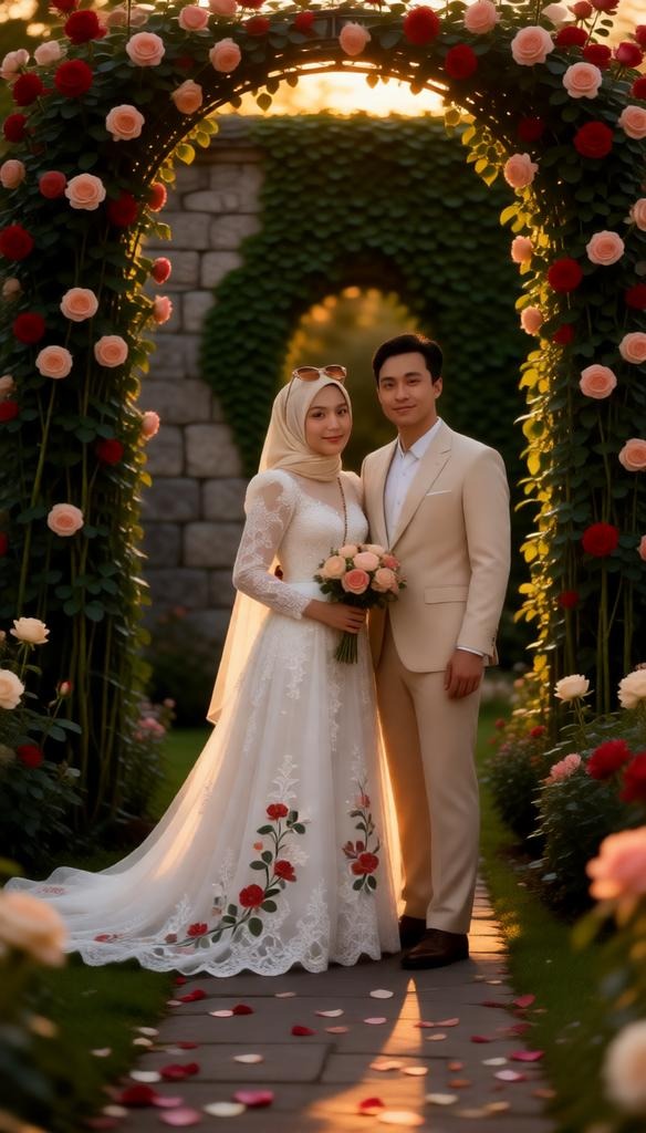 Secret garden wedding ceremony surrounded by tall roses, ivy-covered stone walls, and blooming flowe