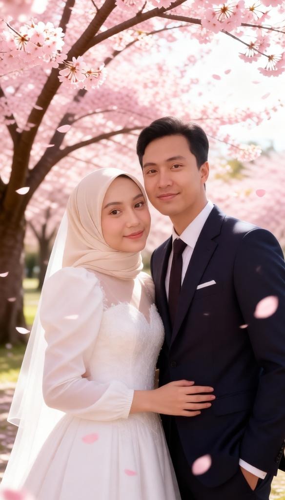 Couple portrait under cherry blossom trees during spring, pink petals falling around them, bride wea