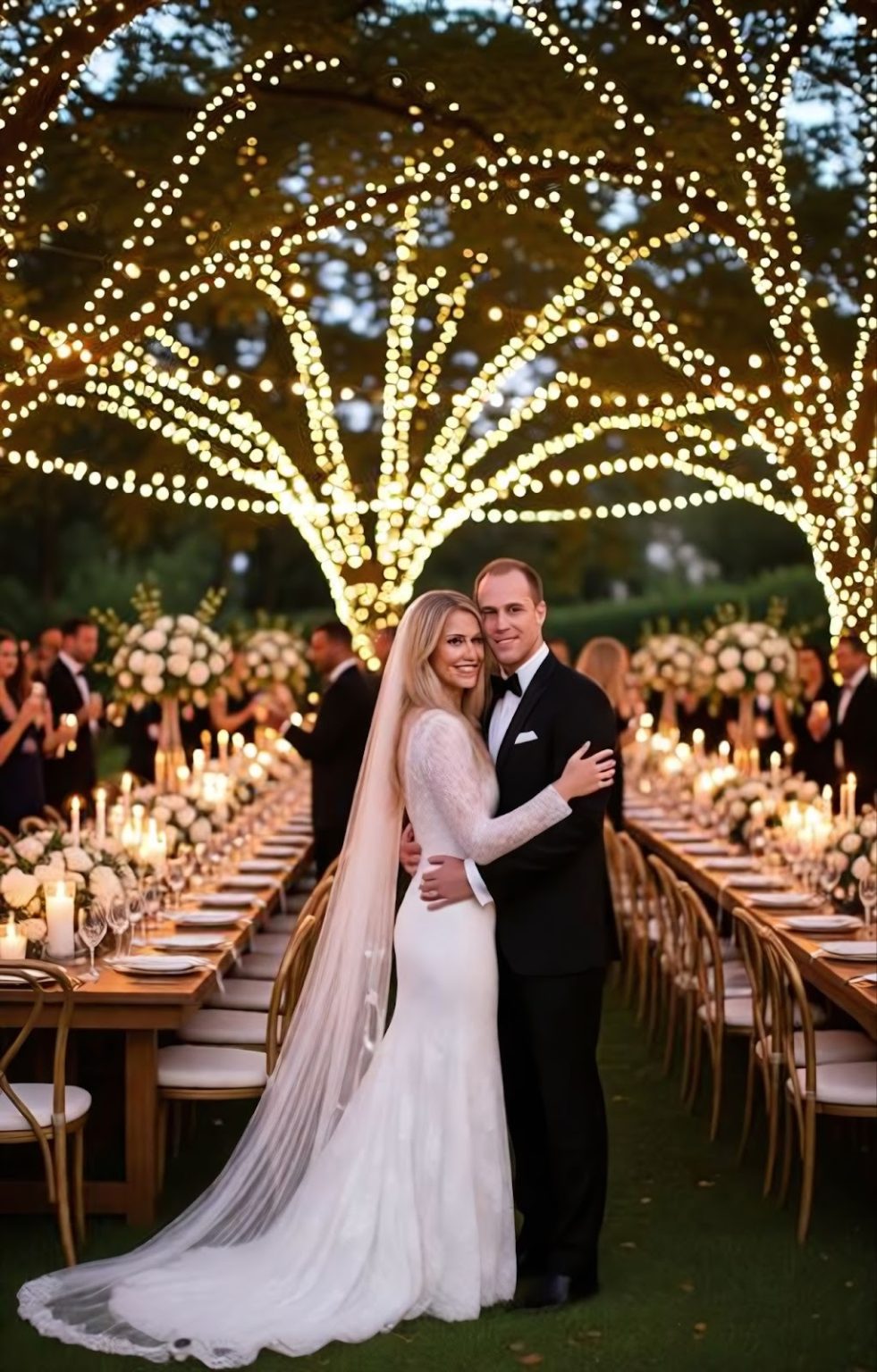 Luxury garden wedding reception under large trees decorated with fairy lights, long tables with cand