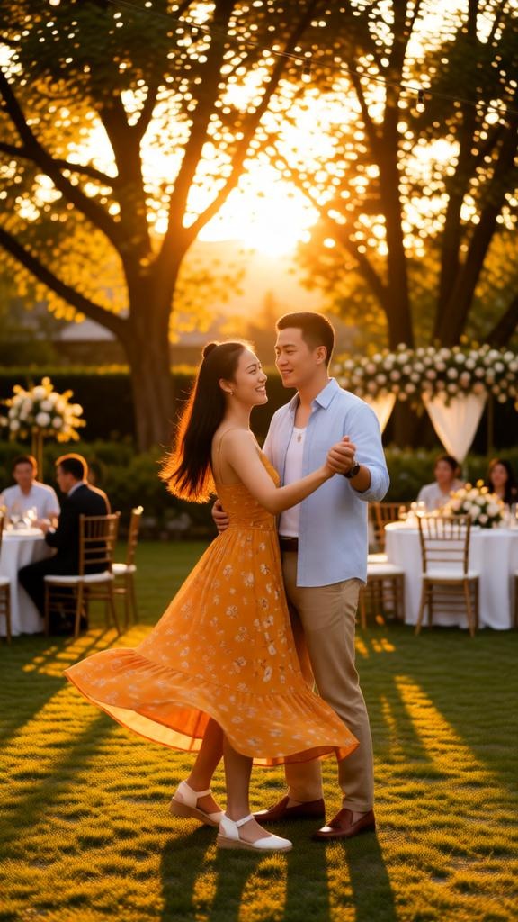 Bride and groom dancing together in a garden during sunset reception, warm golde — DALL-E AI Prompt