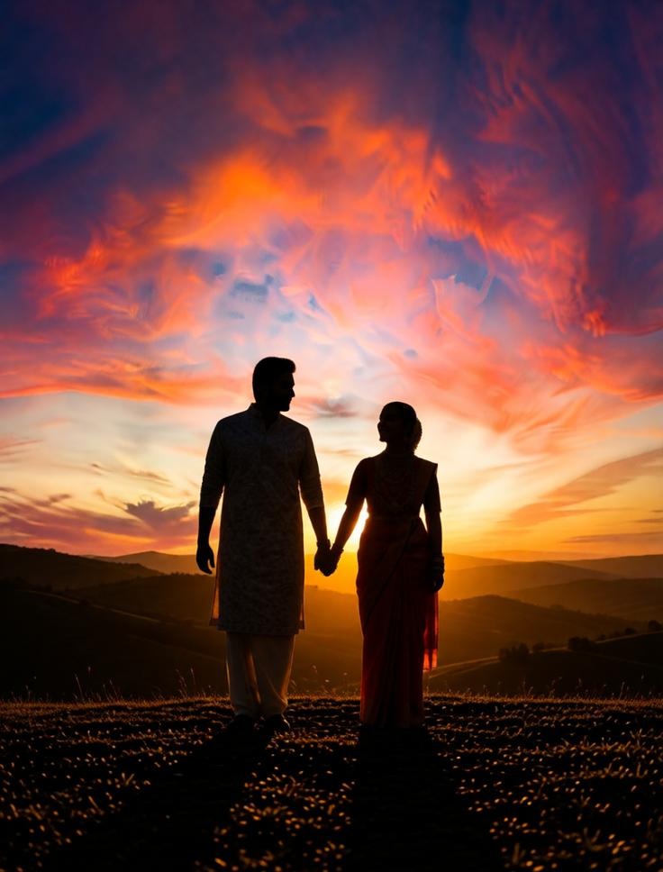Bride and groom silhouette during sunset with dramatic colorful sky, couple holding hands on open la