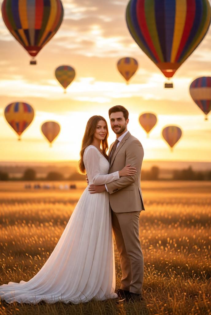 Adventure wedding ceremony in an open field with colorful hot air balloons rising at sunset. The bri