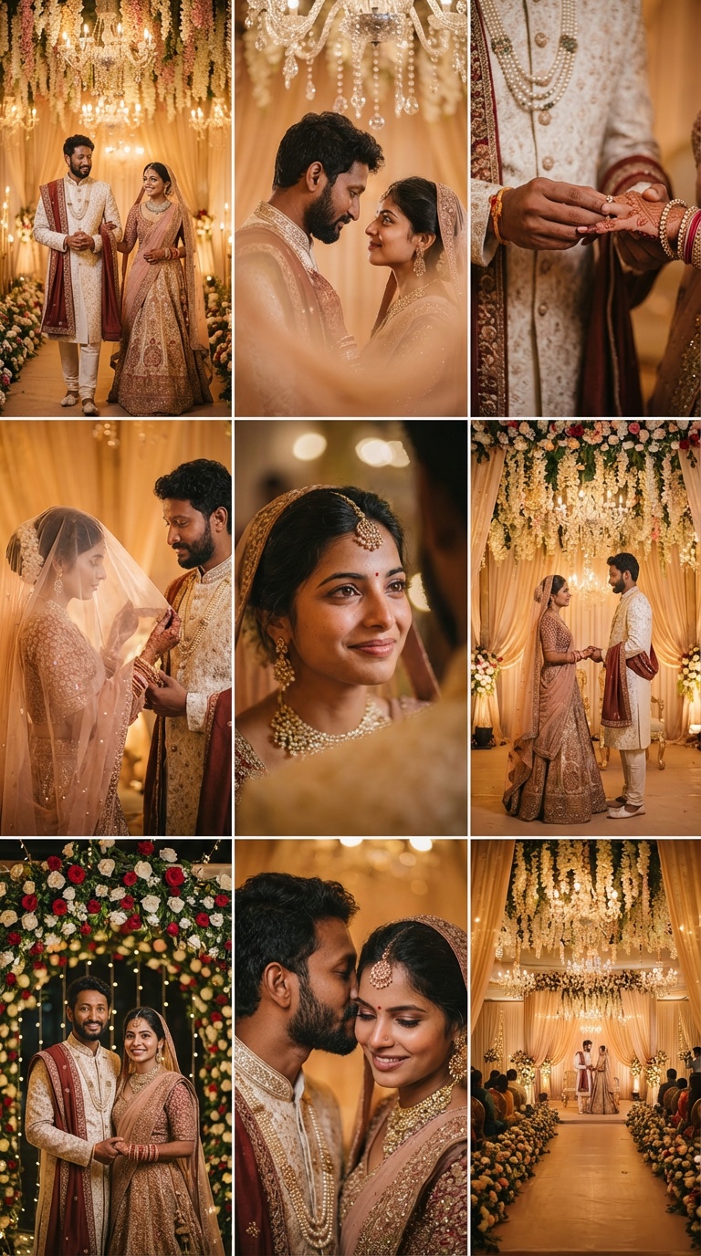 Create an ultra-realistic cinematic wedding ceremony 9-grid photo set using the uploaded portrait ph