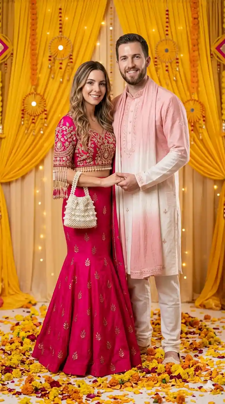 A high-quality portrait photo of a young South Asian couple posing together at a festive event. The 