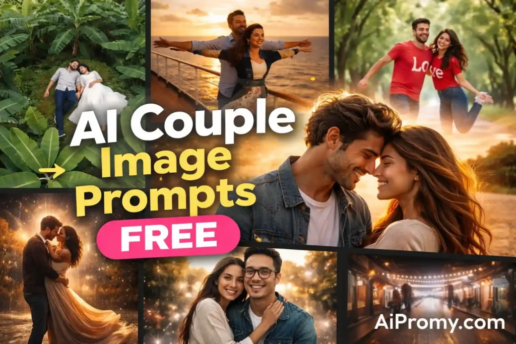 AI couple image prompts free collage showing romantic, cinematic, and realistic couple images generated using free AI prompts