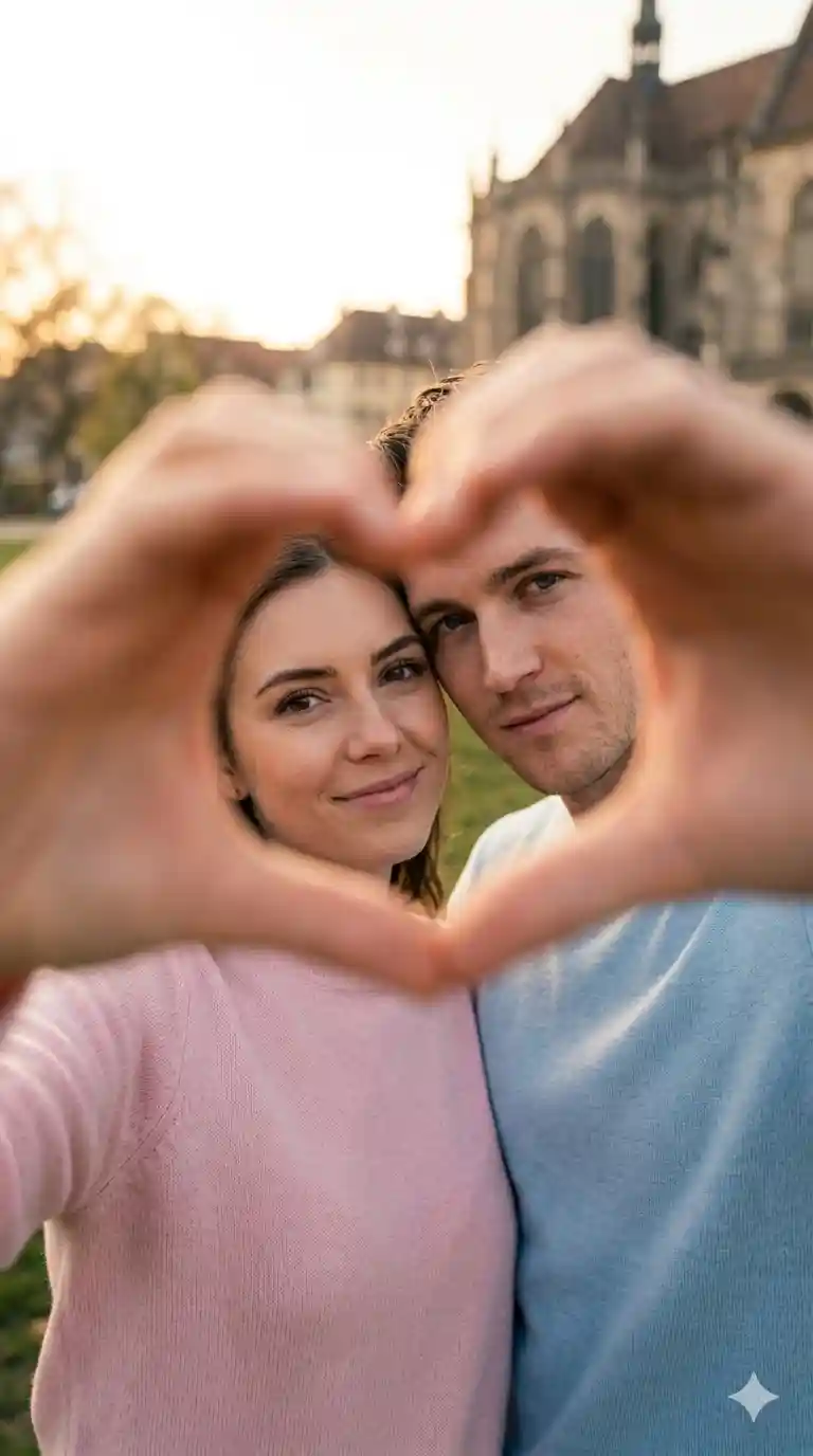 A romantic medium close-up selfie of a couple(reference as phot ,don\'t  change my face ), captured 